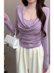 Purple lusty waist-pinching bottoming shirt for women in spring, high-end, sweet, chic and beautiful one-shoulder top