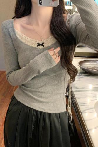 Girls patchwork lace gray jacquard texture sweater for women spring and summer V-neck inner wear long-sleeved T-shirt