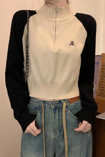 American Retro Short Cardigan Zipper Sweater Women's Sweater 2024 Autumn New Pullover Stand Collar Long Sleeve Top