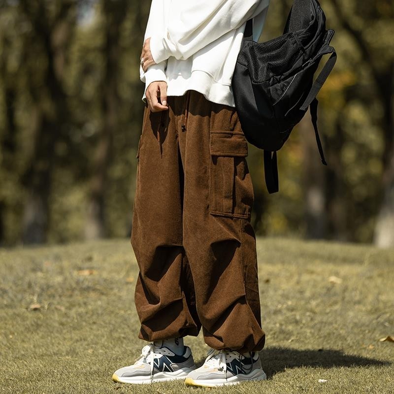 2024 autumn corduroy trendy wide-leg overalls men's American street drawstring leggings trousers