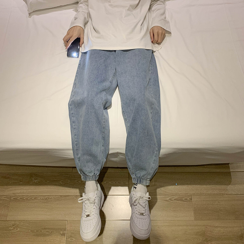 Men's Spring Hong Kong Style Solid Color Leg-tie Retro Drawstring Jeans