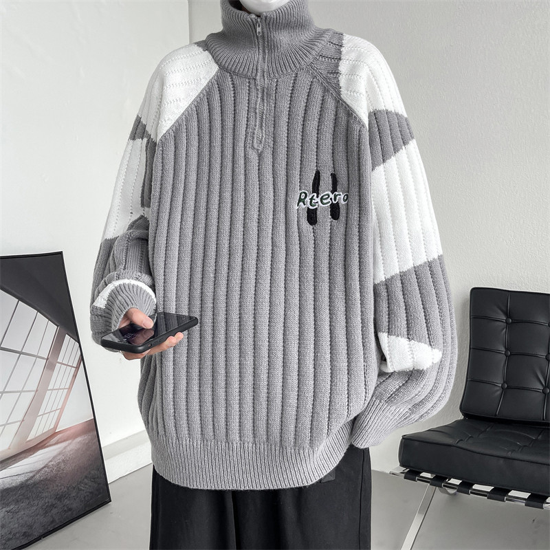 Winter American retro contrasting color cardigan sweater jacket trendy brand loose bf⻛ versatile sweater