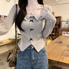 American Retro Hot Girl Bow Square Neck Long Sleeve T-Shirt Women's 2024 Autumn Short Waist Slimming Bottoming Top