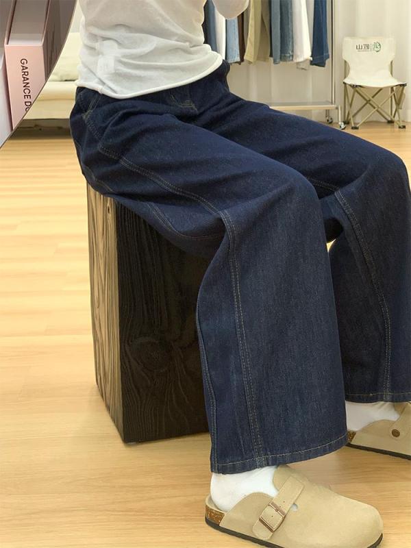 American dark blue high-waisted loose wide-leg jeans for women 2024 autumn and winter small retro versatile straight pants