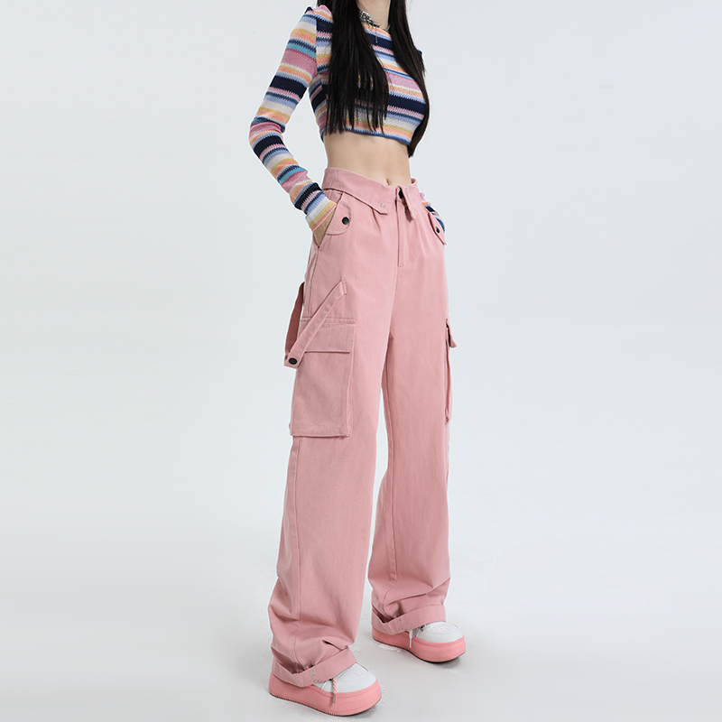 Real shot of internet celebrity's same style Dopamine Hot Girl Casual Pants Sweet and Cool Style Adjustable Length Overalls Women's Wide Leg Pants