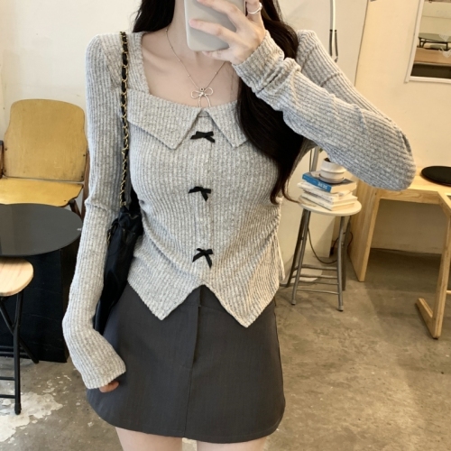 American Retro Hot Girl Bow Square Neck Long Sleeve T-Shirt Women's 2024 Autumn Short Waist Slimming Bottoming Top