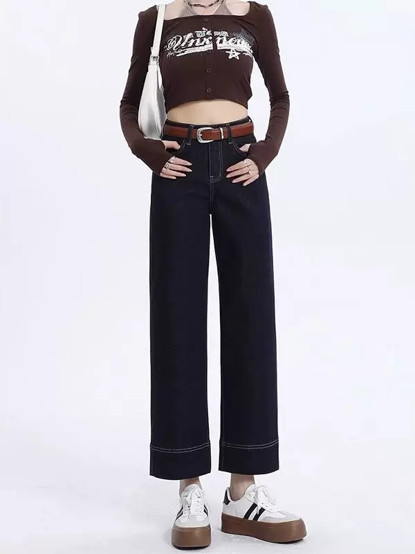 Small straight-leg jeans for women in autumn, high-waisted, versatile, narrow-cut nine-point pants for small people