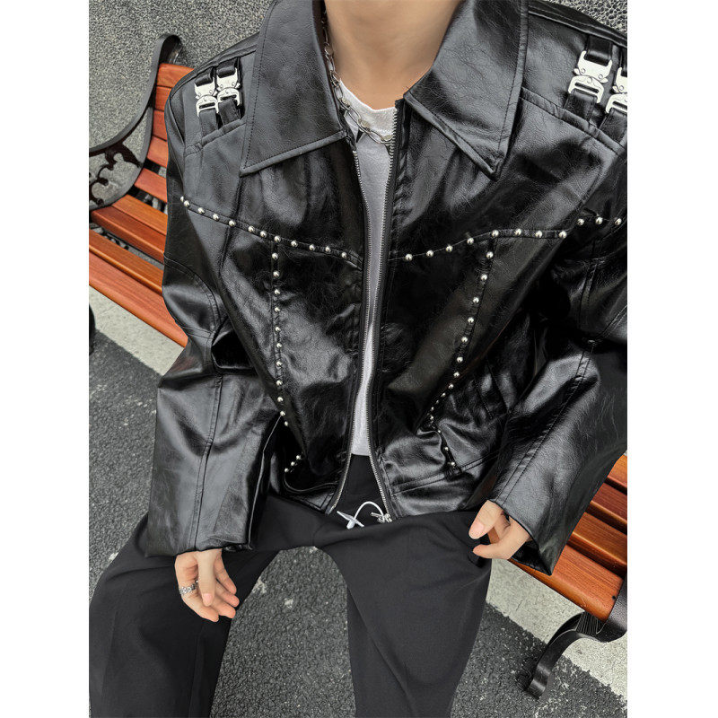 -Designed short metal bead jacket motorcycle jacket