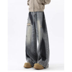 Men's ripped jeans, loose European and American high street pants, American style zipper slits, bootcut pants