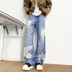 New American retro lace design jeans plus size autumn new loose-fitting straight wide-leg trousers