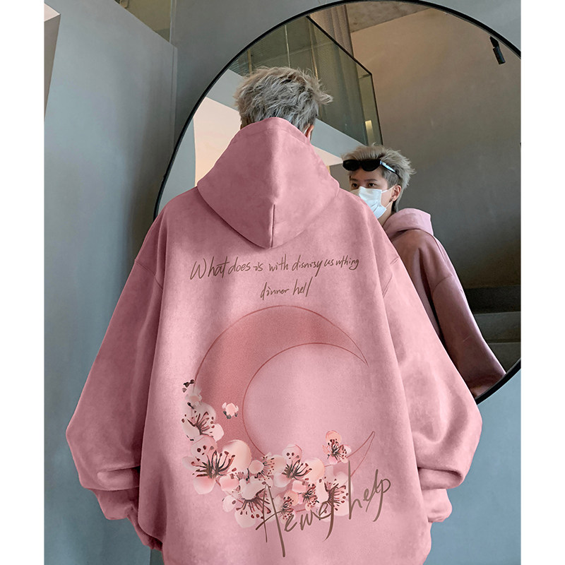 Men's suede hooded sweatshirt American fashion brand printed pullover loose Hong Kong style top jacket