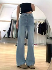 Hong Kong style light blue high-waisted bootcut jeans for women in autumn and winter for small people with drapey flared floor-length trousers