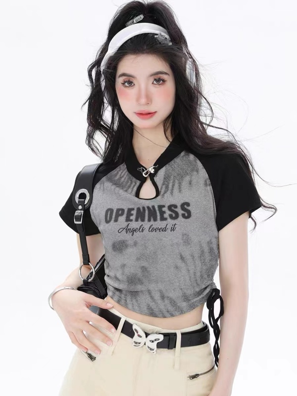 Women's short-sleeved T-shirt tie-dye printed drawstring