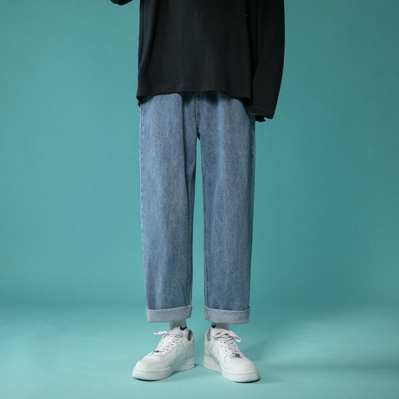 Hong Kong style simple versatile jeans for men and women Korean style loose casual straight nine-point pants