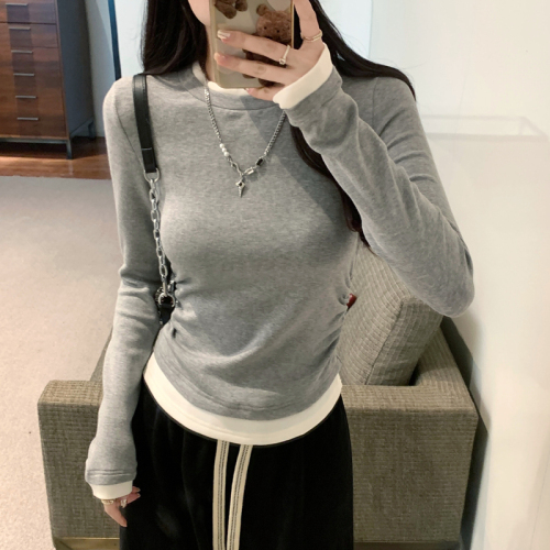 Fake two pieces of German velvet warm inner T-shirt bottoming shirt for women autumn and winter Korean version contrasting color pleated slim slimming top