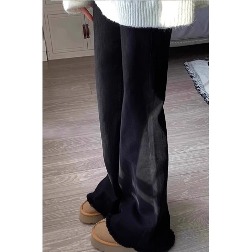 Black raw edge bootcut jeans for women in autumn and winter new large size slimming pear-shaped body stretch flared pants