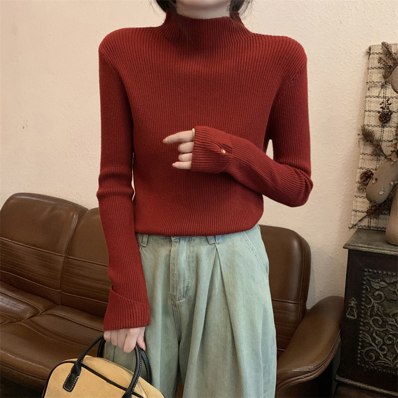 Autumn and winter new long-sleeved knitted sweater for women, half turtleneck, Korean version, pure desire bottoming shirt, top for women