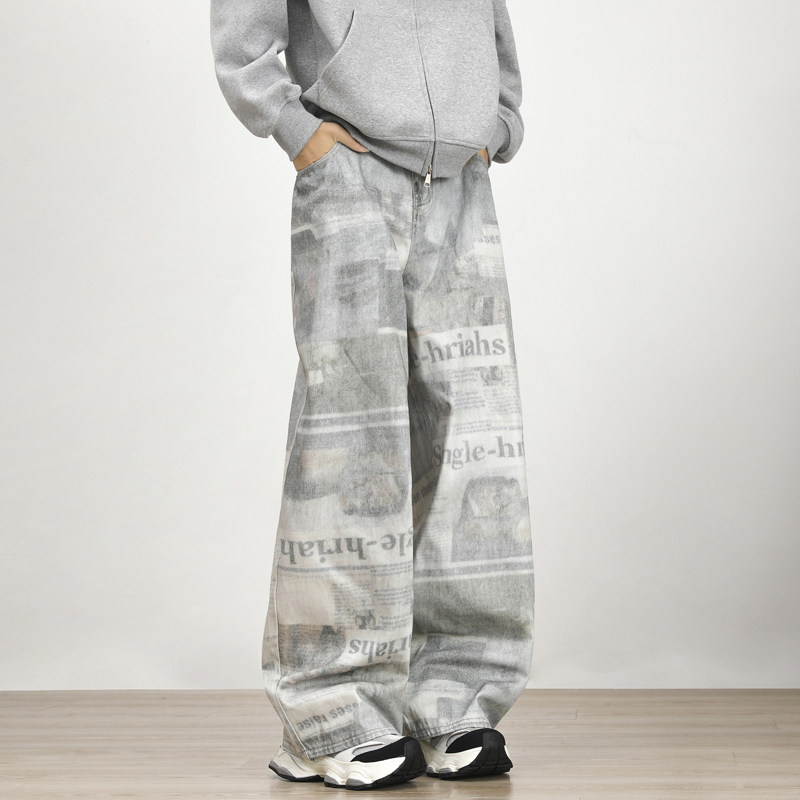 American retro newspaper print distressed wide-leg pants