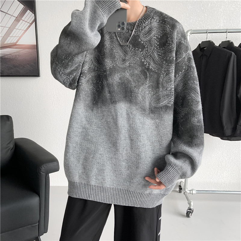 Autumn and winter new sweater men's round neck pullover sweater cashew flower tie-dye large size top