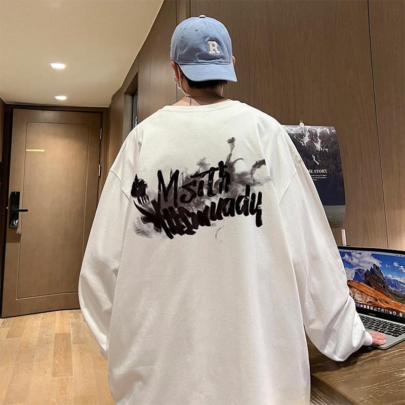 American retro blurred letter print long-sleeved T-shirt men's loose couple bottoming shirt ins inner wear