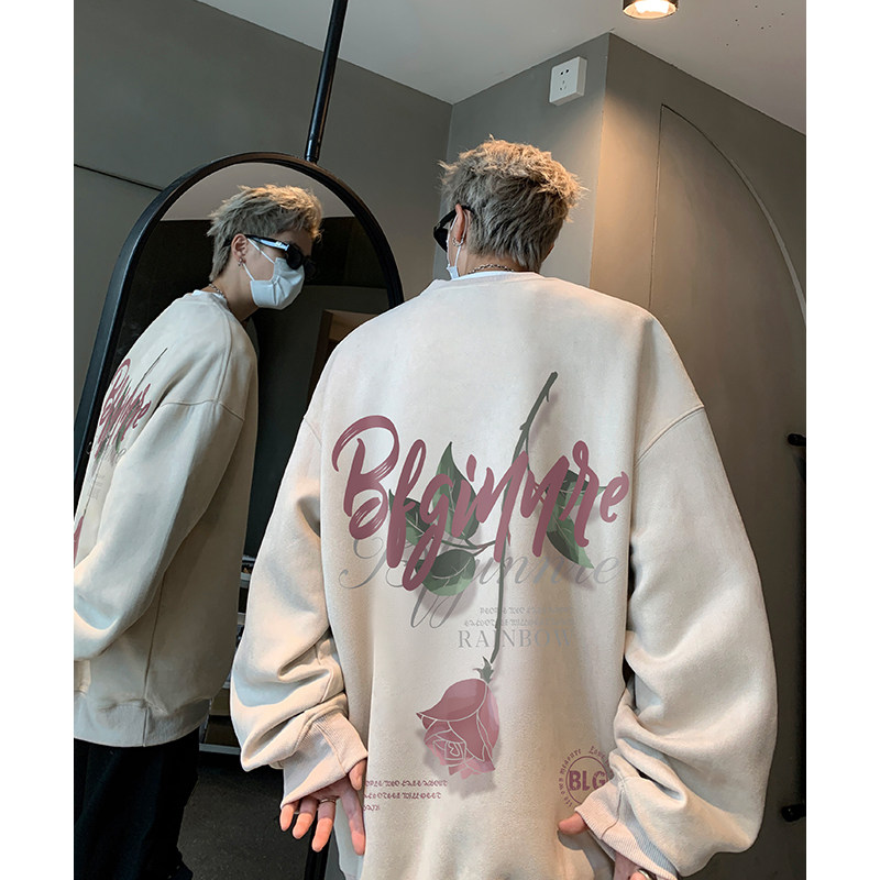 American high street trendy men's suede couple sweatshirt coat large size loose Hong Kong style top