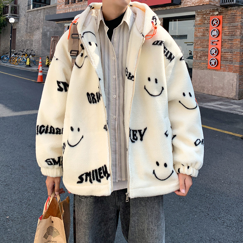 Winter grain velvet cotton coat men's new coat Hong Kong style loose hooded sherpa jacket men