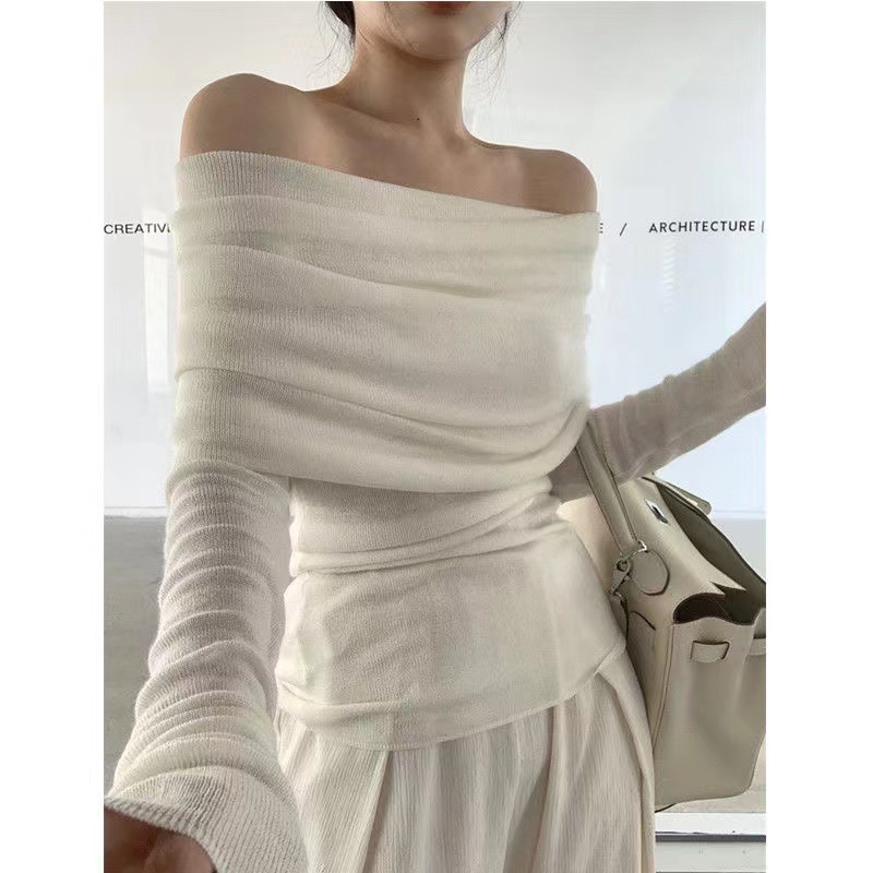 French one-shoulder sexy inner knitted bottoming shirt for women in autumn slim-fitting pleated niche design high-end top