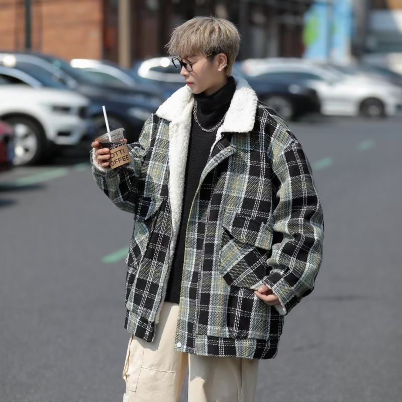 Xiaoxiang style lamb wool cotton coat men's winter velvet thickened trendy cotton coat trendy