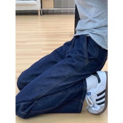 American retro washed dark blue straight jeans for women high waist loose slimming wide leg trousers