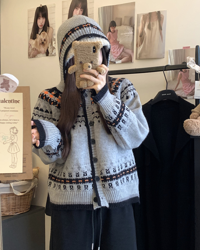 New autumn and winter Korean style loose retro pattern college knitted hooded sweater cardigan jacket for women