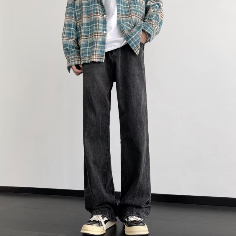 American retro jeans men's spring and autumn trendy high street loose straight wide-leg casual floor-length trousers