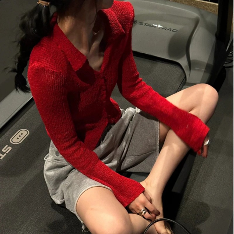 2024 early autumn new Korean style tops slim fit polo collar ancola red long-sleeved sweater cardigan sweater for women