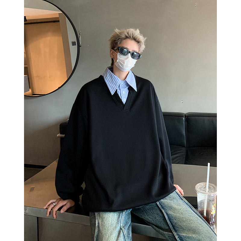 Velvet fake two-piece shirt collar casual long-sleeved sweatshirt has been added