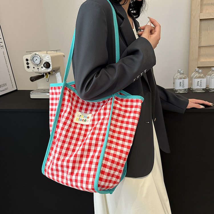 Dopamine contrast plaid shoulder bag large-capacity commuter bag tote bag double-layer lightweight cloth bag college student backpack