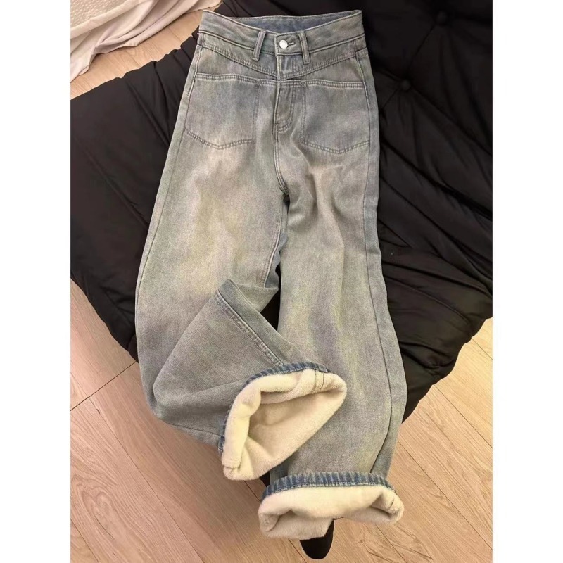 Velvet thickened retro wide-leg jeans for women in autumn and winter high-waisted loose straight-leg design narrow floor-length mopping pants