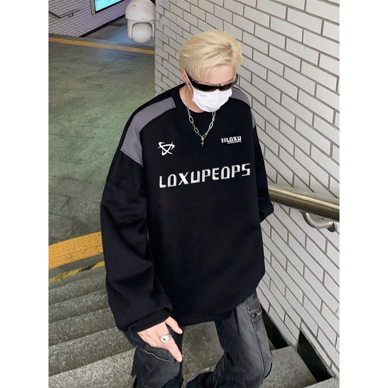 Autumn American style national fashion stitching contrasting color racing pullover round neck sweatshirt