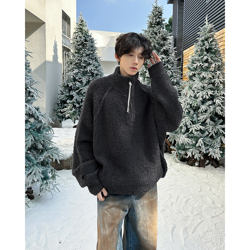 Half zipper stand collar pullover sweater autumn and winter trendy loose casual lazy style sweater