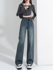 Wide-leg pants retro straight-leg jeans for women spring and autumn 2023 new high-waist drape loose slimming floor-length pants