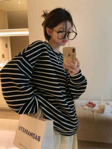 Winter outerwear thickened velvet round neck striped loose sweatshirt