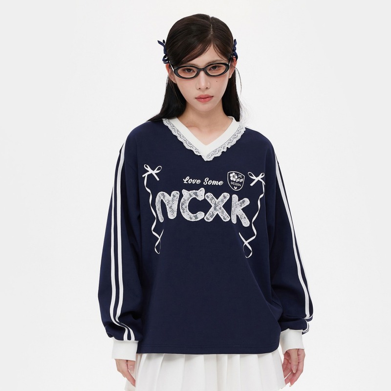 Lace letter embroidered long-sleeved sweatshirt with spliced ​​lace V-neck slimming ballet girl style for autumn