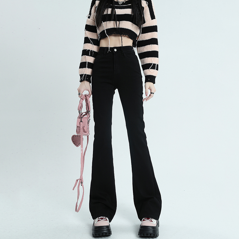 Black micro-flared legs for petite women's high-waisted slim-fitting autumn and winter velvet jeans