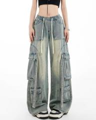 EDX American retro workwear jeans for women, loose and slim design, niche casual pants, wide-leg pants