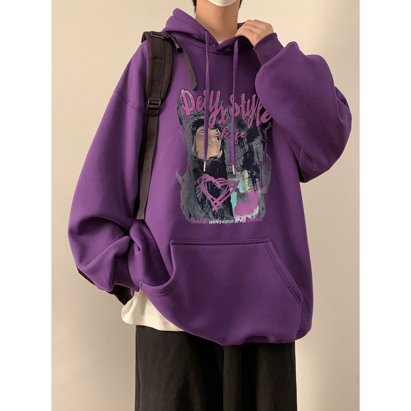 High quality autumn new printed hooded cotton sweatshirt purple