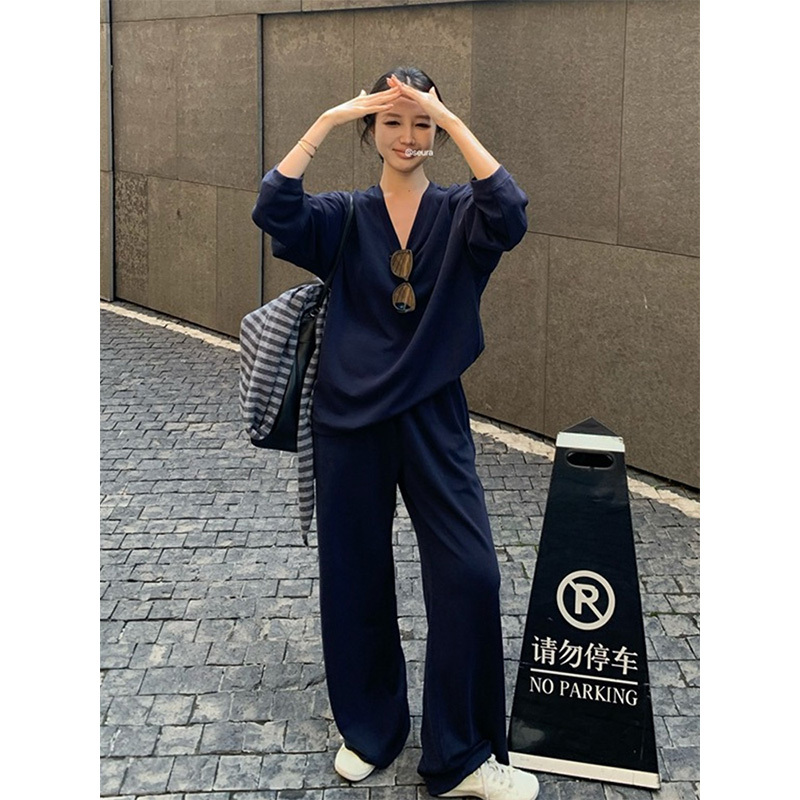 Early autumn simple casual navy blue loose long-sleeved top feminine striped shawl straight casual pants small suit
