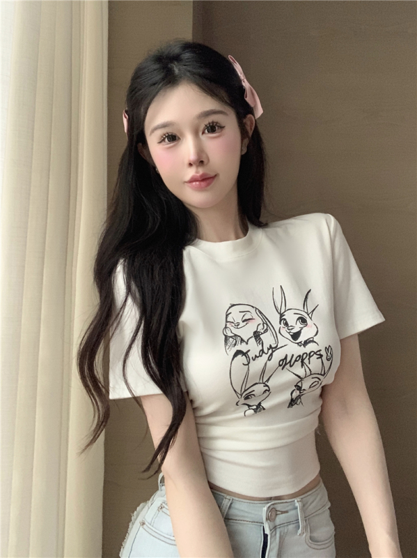 Actual shot and real price retro pleated waist short-sleeved T-shirt design cartoon printed rabbit navel-baring short top for women