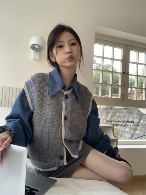 Korean college style gray contrasting vest + stacked lapel denim shirt two-piece set