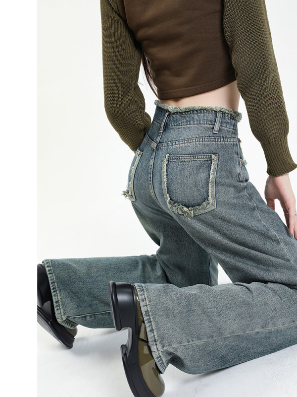 American retro wide-leg jeans for women in autumn 2023 new high-waisted straight-leg loose drape floor-length mopping pants design