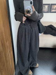 Plaid wool casual pants, loose, lazy style, elastic waist, wide leg trousers