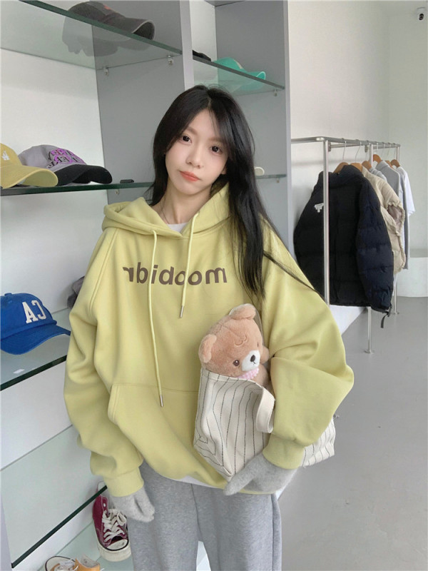 Korean style loose printed letter pullover plus velvet thickened hooded sweatshirt