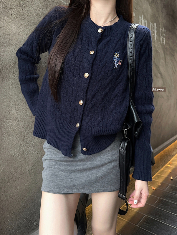 Internet celebrity's same style bear embroidered knitted twist cardigan winter college style sweater to wear outside